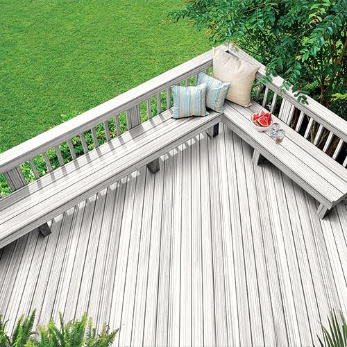 Aerial view of deck with bench